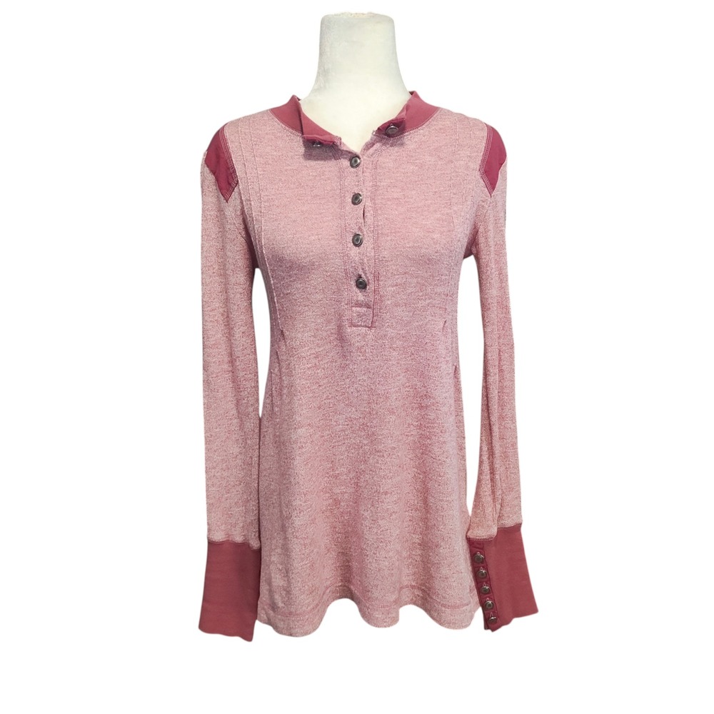 Vintage Free People Red Henley Long‎ Sleeve Top Y2K 100% Cotton Heathered Size S